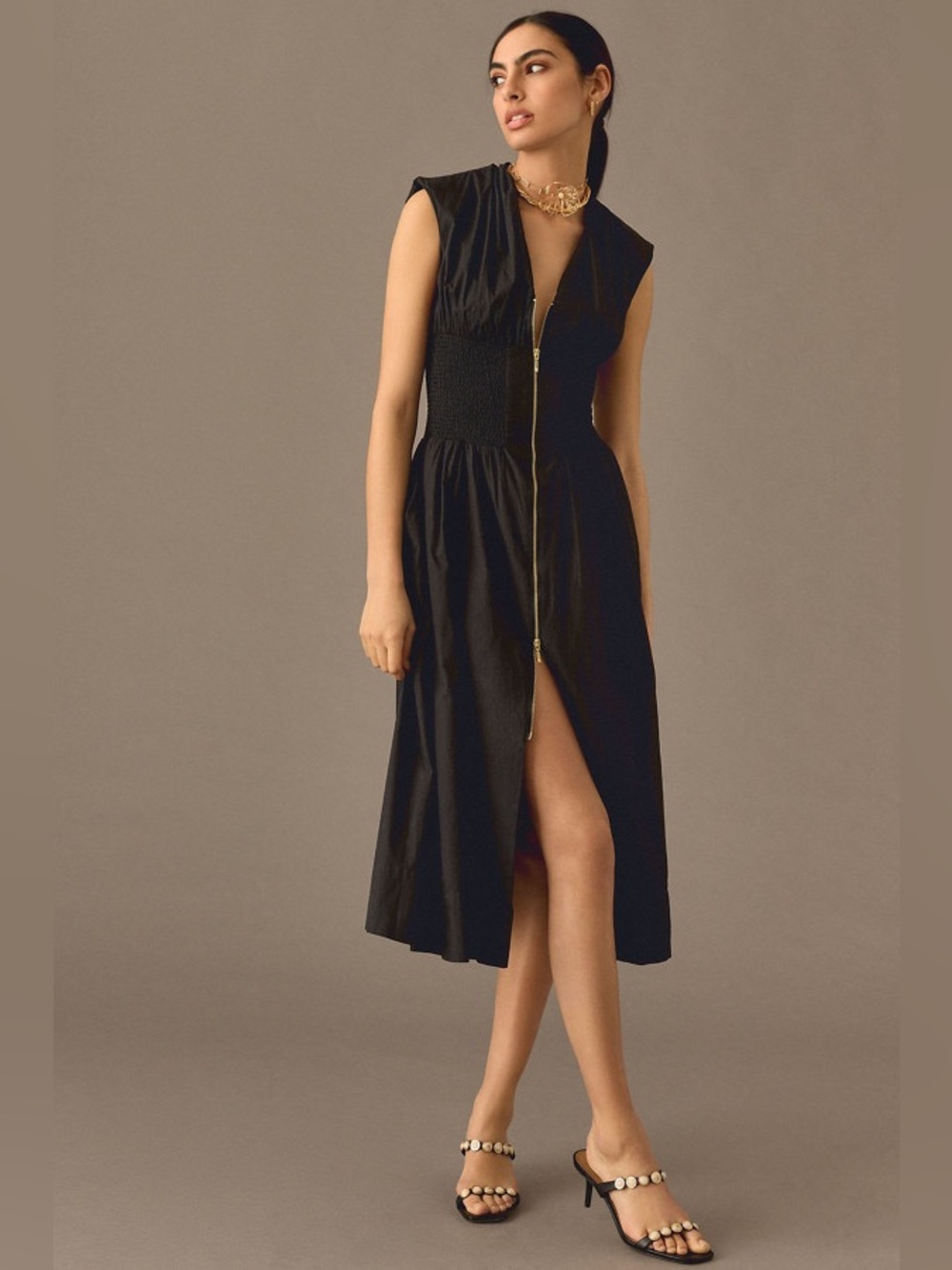 The Tommie Zip Front Smocked Waist Cap Sleeve Shirt Dress Sz XS Black Maeve